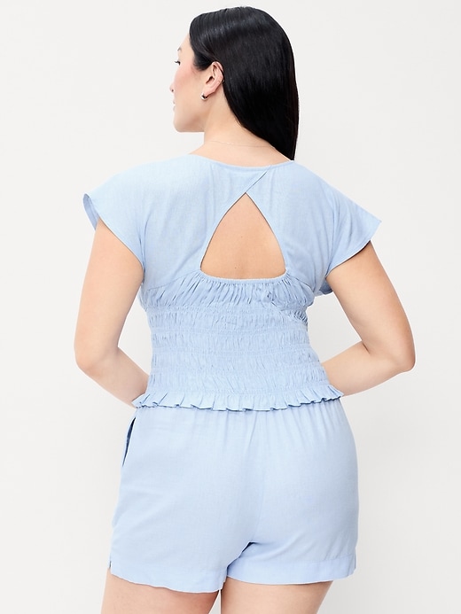 Image number 6 showing, Linen-Blend Short-Sleeve Smocked Top