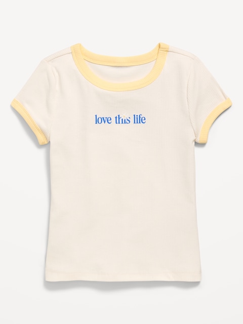 T-SHIRT À IMPRIMÉ CÔTELÉ AJUSTÉ À MANCHES COURTES À BORDS CONTRASTANT POUR FILLE