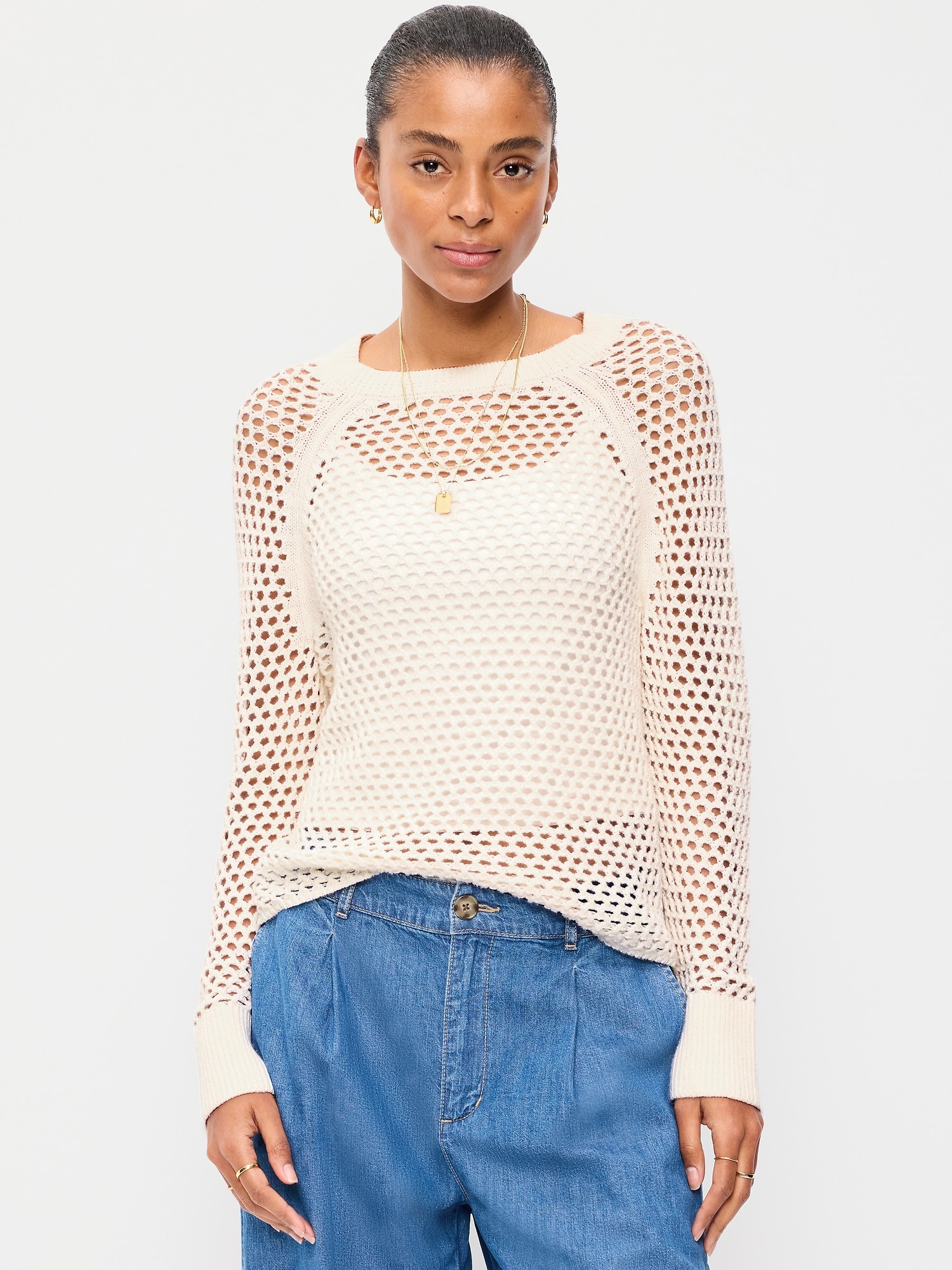 Seaside Cotton Open-Knit Raglan Sweater