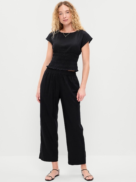 High-Waisted Linen-Blend Straight Pants