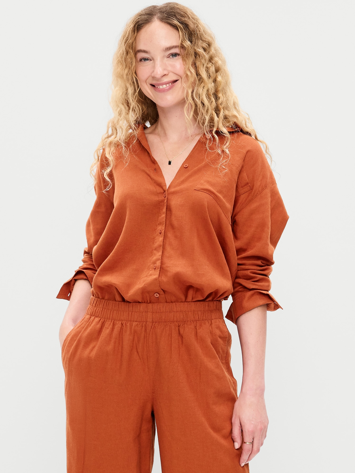 Linen-Blend Loose Button-Down Shirt