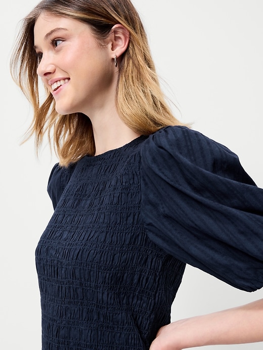 Image number 5 showing, Smocked Puff-Sleeve Flare Mini Dress