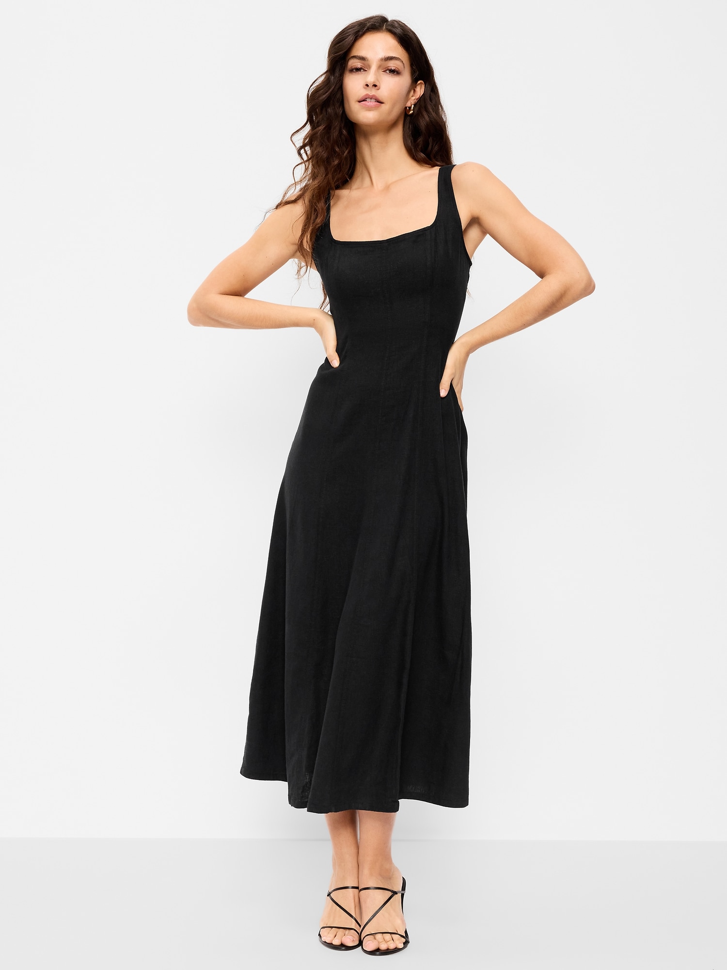 Fit & Flare Seamed Linen-Blend Midi Dress