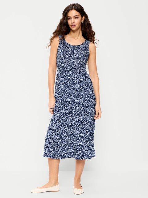 ROBE MI-LONGUE AJUSTÉE ET ÉVASÉE SANS MANCHES À CORSAGE À SMOCKS