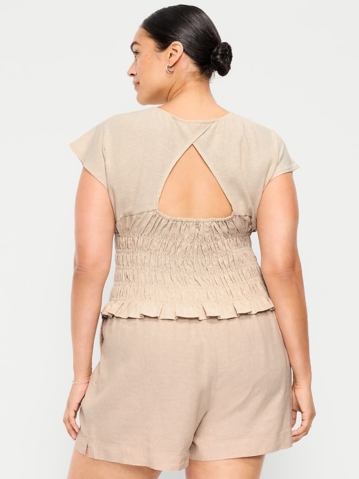 Image number 8 showing, Linen-Blend Short-Sleeve Smocked Top