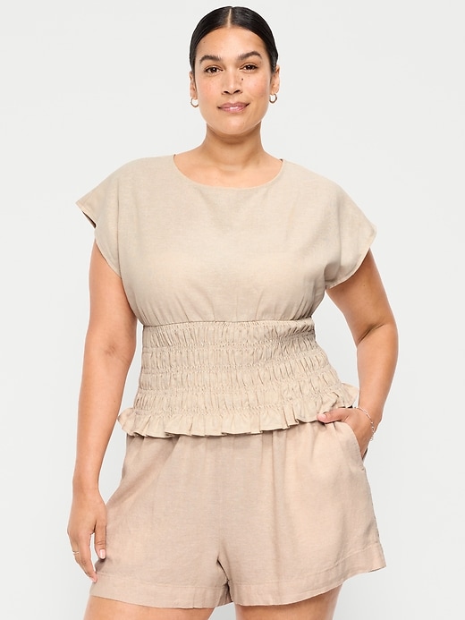 Image number 7 showing, Linen-Blend Short-Sleeve Smocked Top