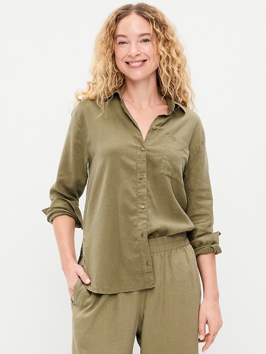 Image number 1 showing, Linen-Blend Loose Button-Down Shirt