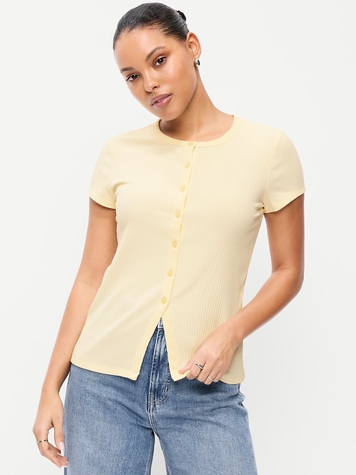 Image number 1 showing, Short-Sleeve Ribbed Button-Down Top