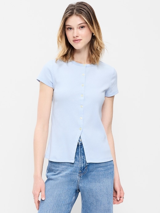 Image number 1 showing, Short-Sleeve Ribbed Button-Down Top