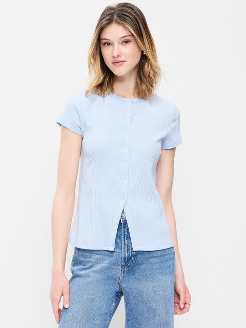 Short-Sleeve Ribbed Button-Down Top