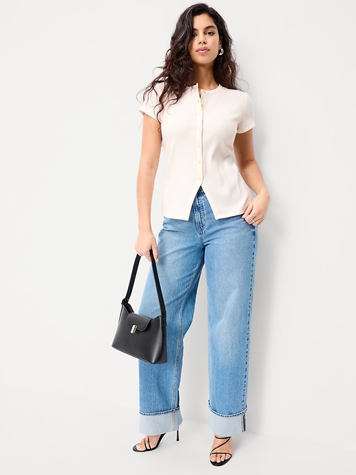 Image number 3 showing, Short-Sleeve Ribbed Button-Down Top