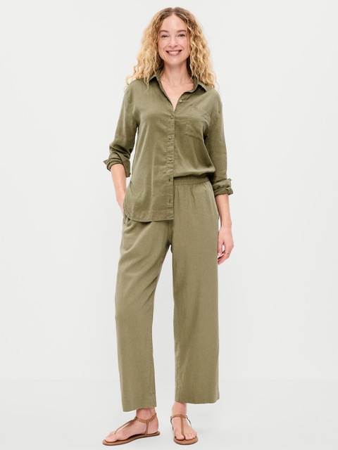 High-Waisted Linen-Blend Straight Pants
