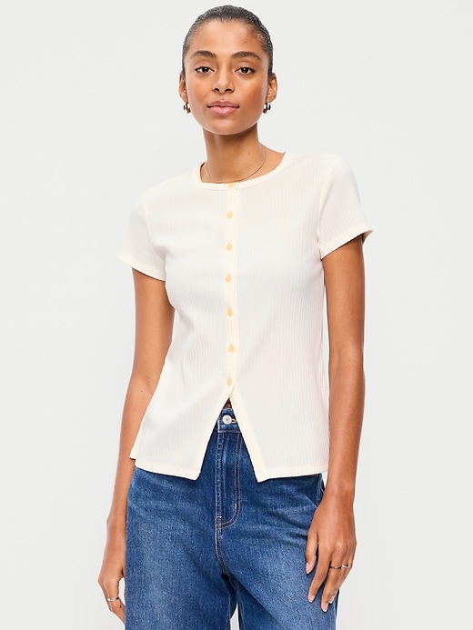 Image number 1 showing, Short-Sleeve Ribbed Button-Down Top