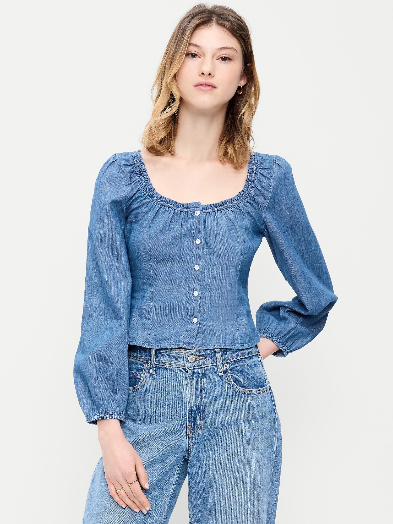 Long-Sleeve Button-Down Jean Top