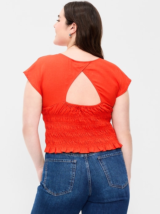 Image number 6 showing, Linen-Blend Short-Sleeve Smocked Top