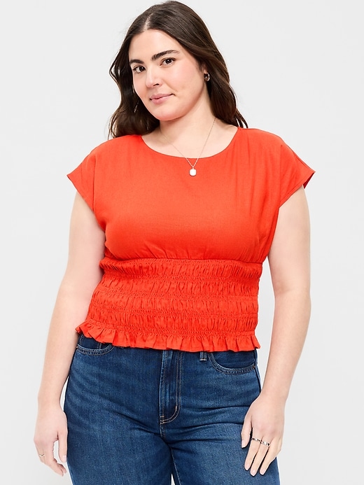 Image number 5 showing, Linen-Blend Short-Sleeve Smocked Top