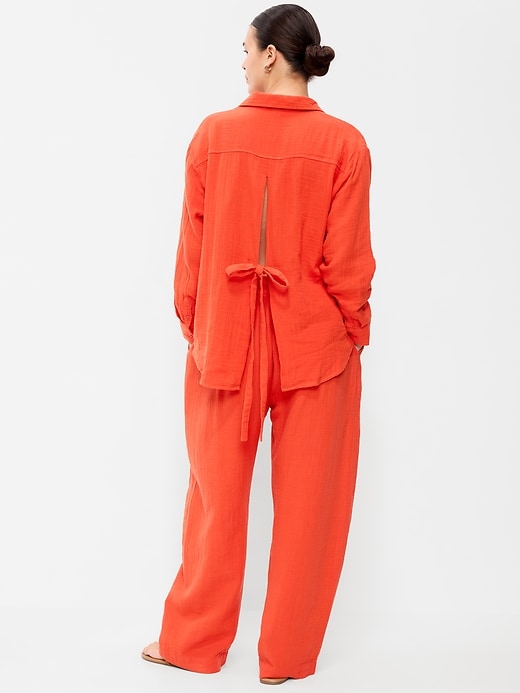 Image number 6 showing, High-Waisted Crinkle Gauze Wide-Leg Barrel Pants