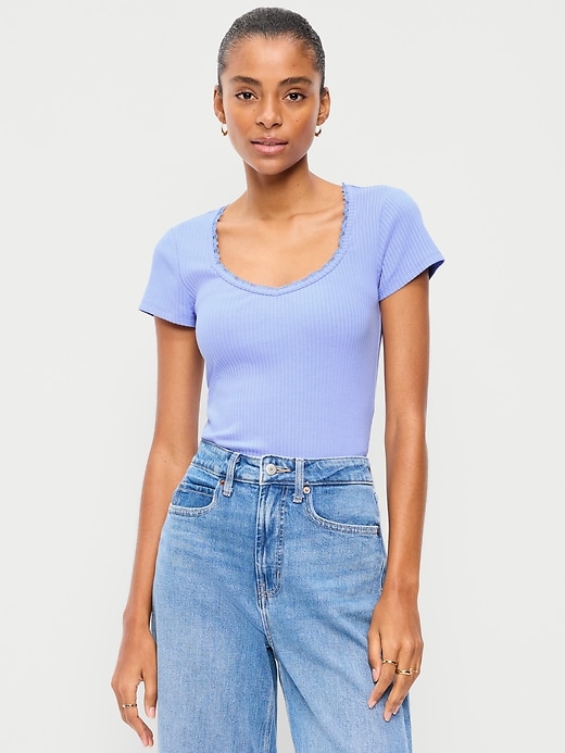 Image number 1 showing, Lace-Trim Sweetheart-Neck Ribbed Top
