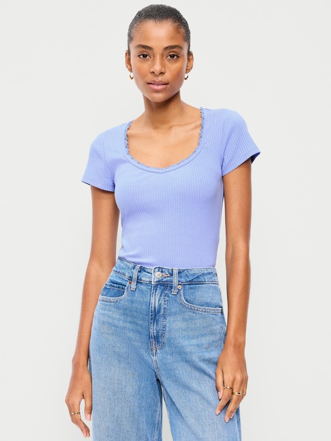 Lace-Trim Sweetheart-Neck Ribbed Top