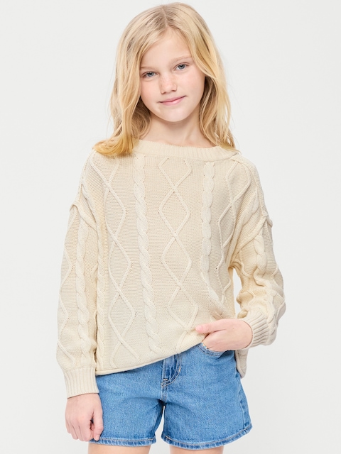 Oversized Long-Sleeve Cable-Knit Sweater for Girls