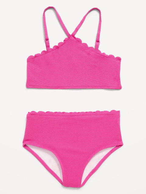 Textured Scallop-Trim Halter Swim Set for Girls