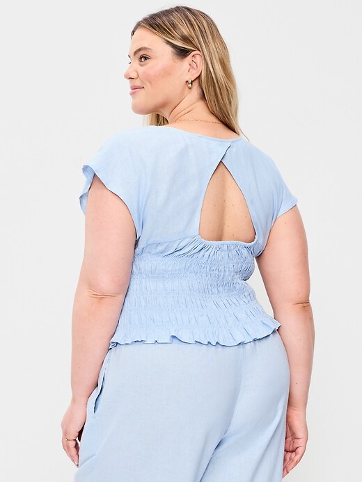 Image number 8 showing, Linen-Blend Short-Sleeve Smocked Top