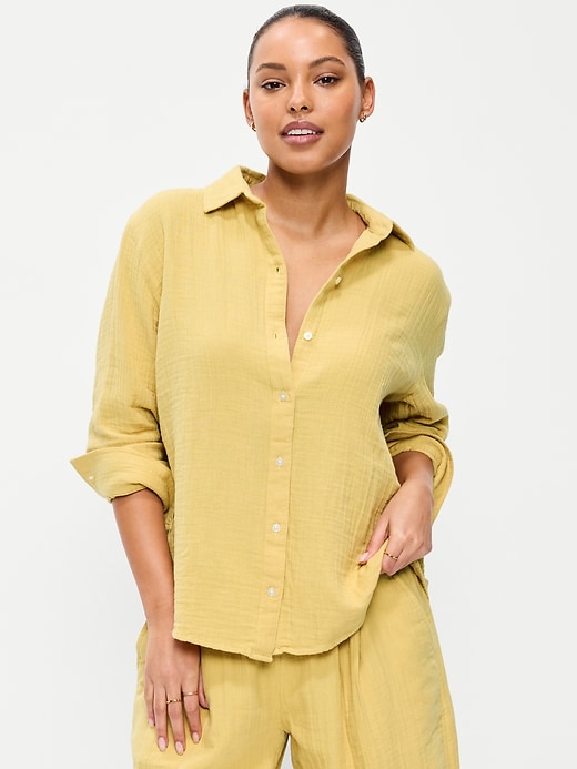 Image number 1 showing, Open-Back Crinkle Gauze Button-Down Shirt