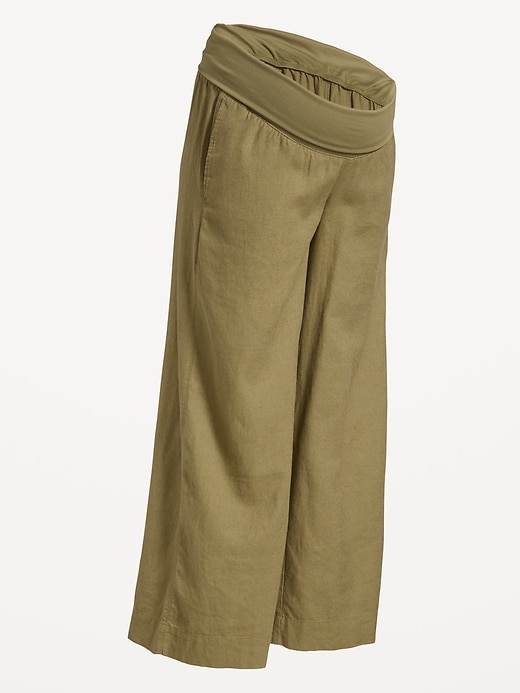 Image number 1 showing, Maternity Rollover Waist Linen-Blend Super Wide-Leg Pants