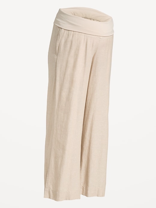 Image number 1 showing, Maternity Rollover Waist Linen-Blend Wide-Leg Pants
