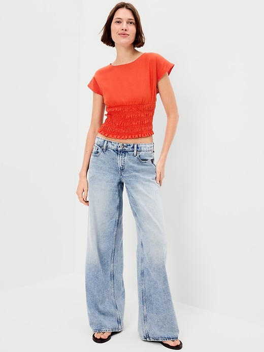 Image number 3 showing, Linen-Blend Short-Sleeve Smocked Top