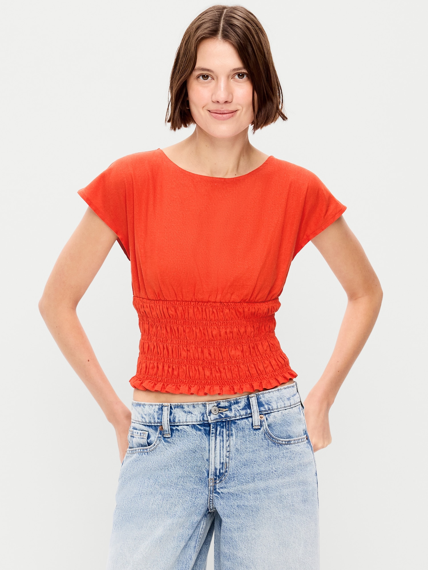 Linen-Blend Short-Sleeve Smocked Top