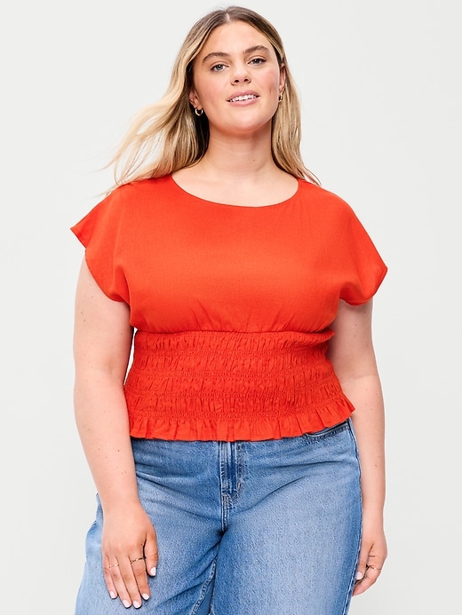 Image number 7 showing, Linen-Blend Short-Sleeve Smocked Top