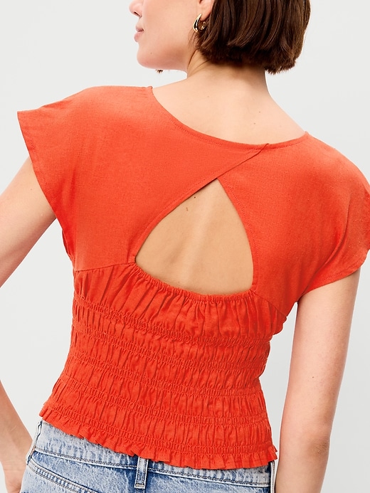 Image number 4 showing, Linen-Blend Short-Sleeve Smocked Top