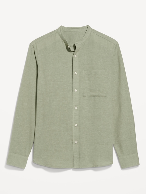 Classic Fit Banded Collar Linen-Blend Shirt