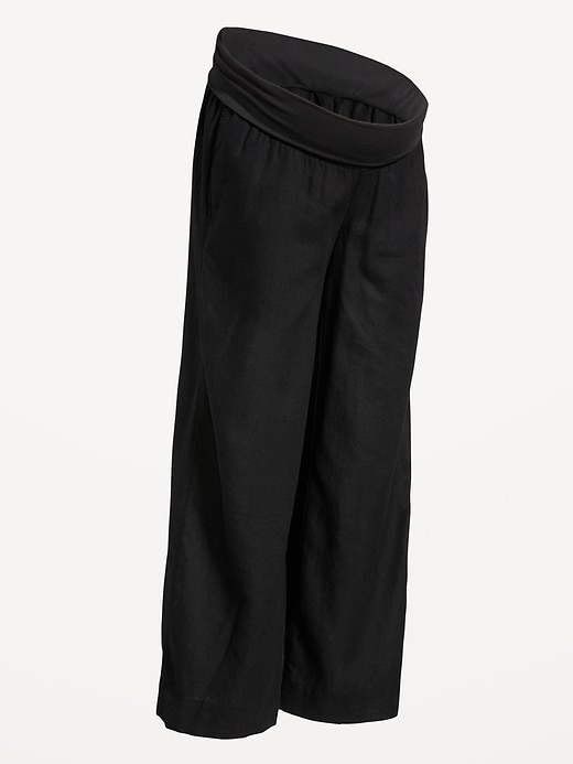 Image number 1 showing, Maternity Rollover Waist Linen-Blend Super Wide-Leg Pants