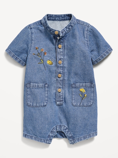 Embroidered Chambray One-Piece Romper for Baby