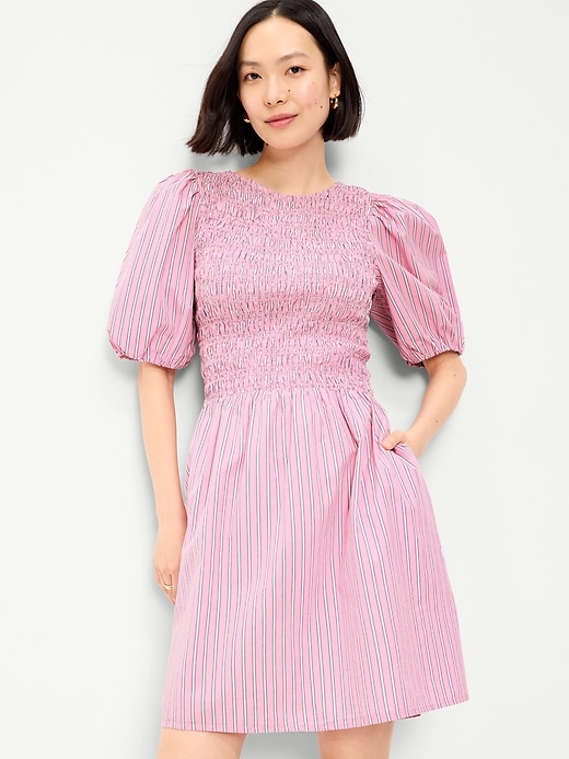 Image number 3 showing, Smocked Puff-Sleeve Flare Mini Dress