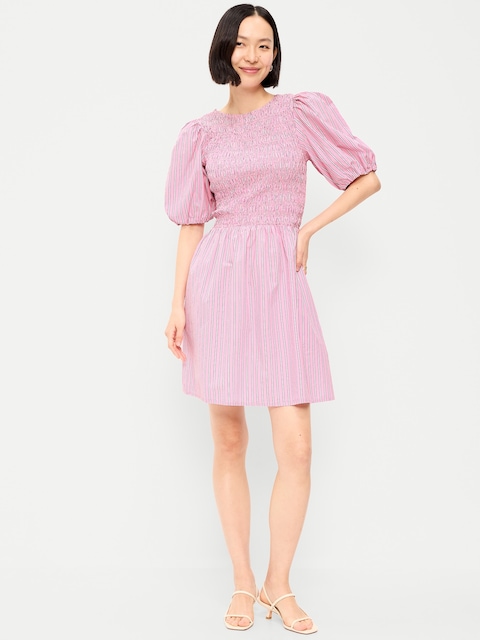 Smocked Puff-Sleeve Flare Mini Dress