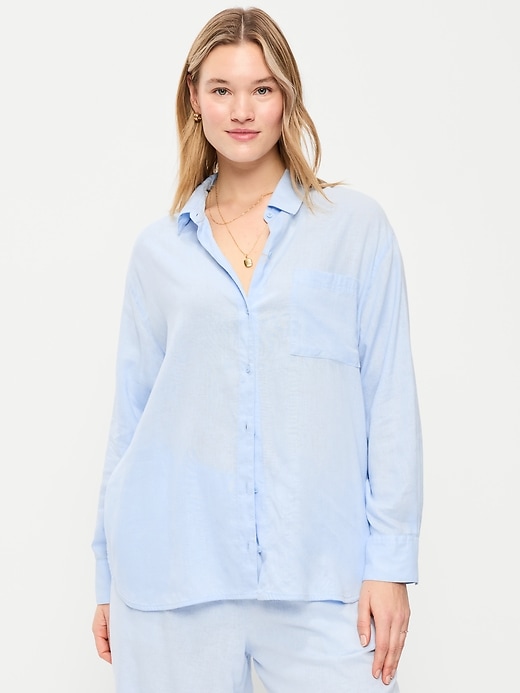Image number 3 showing, Linen-Blend Loose Button-Down Shirt