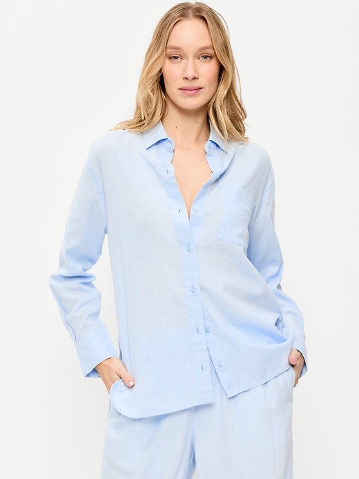 Image number 1 showing, Linen-Blend Loose Button-Down Shirt