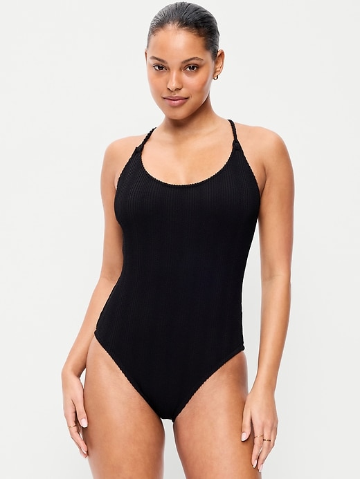 Image number 1 showing, Ribbed Braided-Strap One-Piece Swimsuit