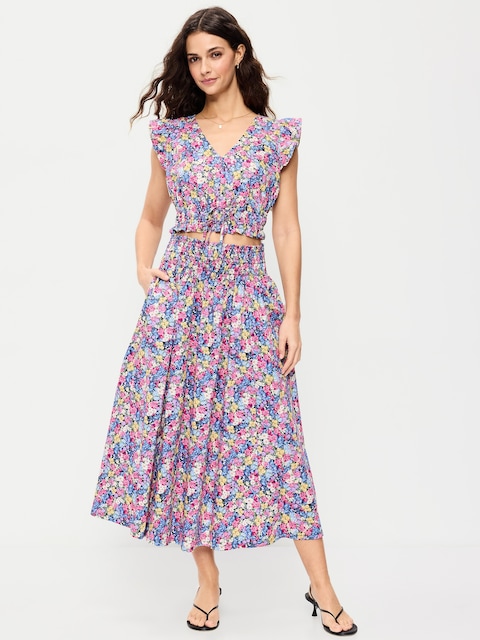 JUPE MI-LONGUE À TAILLE SMOCKÉE