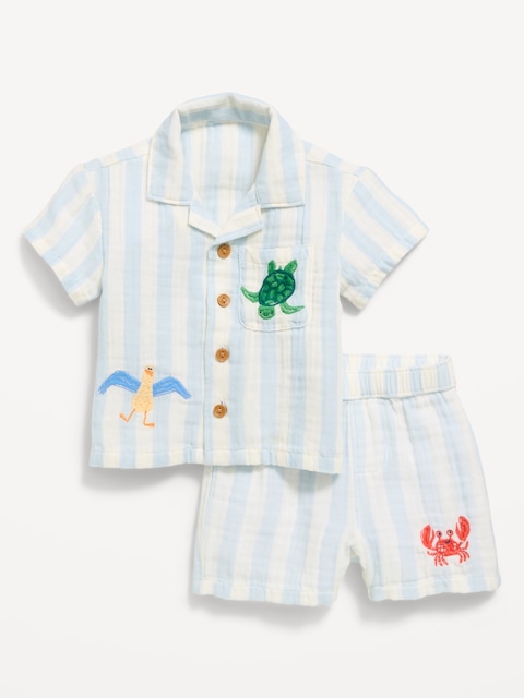 Printed Double-Weave Shirt and Shorts Set for Baby