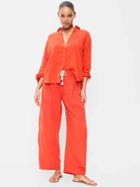 High-Waisted Crinkle Gauze Wide-Leg Barrel Pants