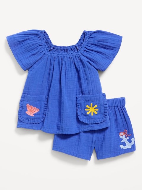 Short-Sleeve Double-Weave Top and Shorts Set for Toddler Girls