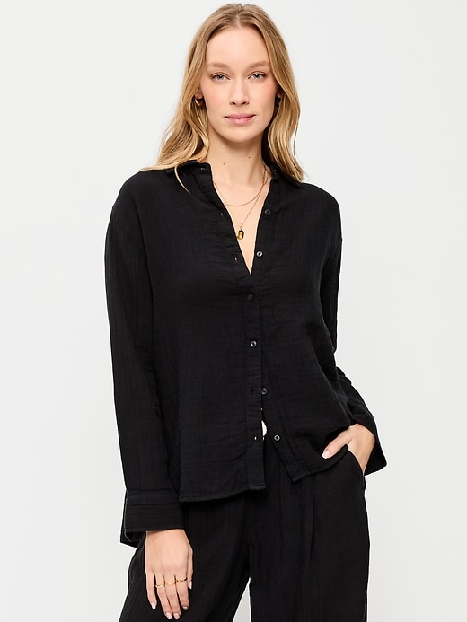 Image number 1 showing, Open-Back Crinkle Gauze Button-Down Shirt