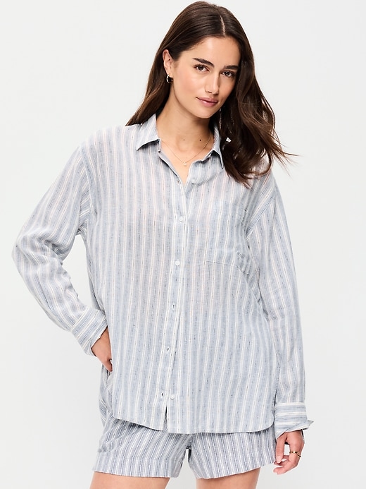 Image number 1 showing, Linen-Blend Loose Button-Down Shirt