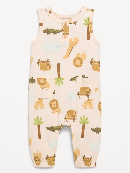 Image number 1 showing, Printed Sleeveless Henley One-Piece Romper for Baby