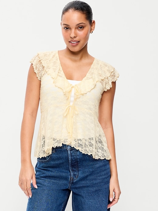 Image number 1 showing, Open-Front Lace Ruffle Top