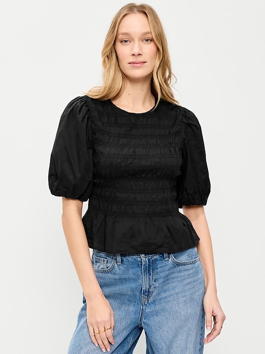 Image number 1 showing, Puff Sleeve Peplum Smocked Top